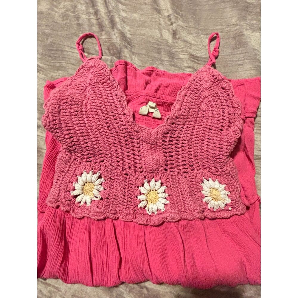 Blush Pink Crochet Daisy Bodice Tiered Babydoll Mini Dress Boho Festival Size S - Picture 5 of 6